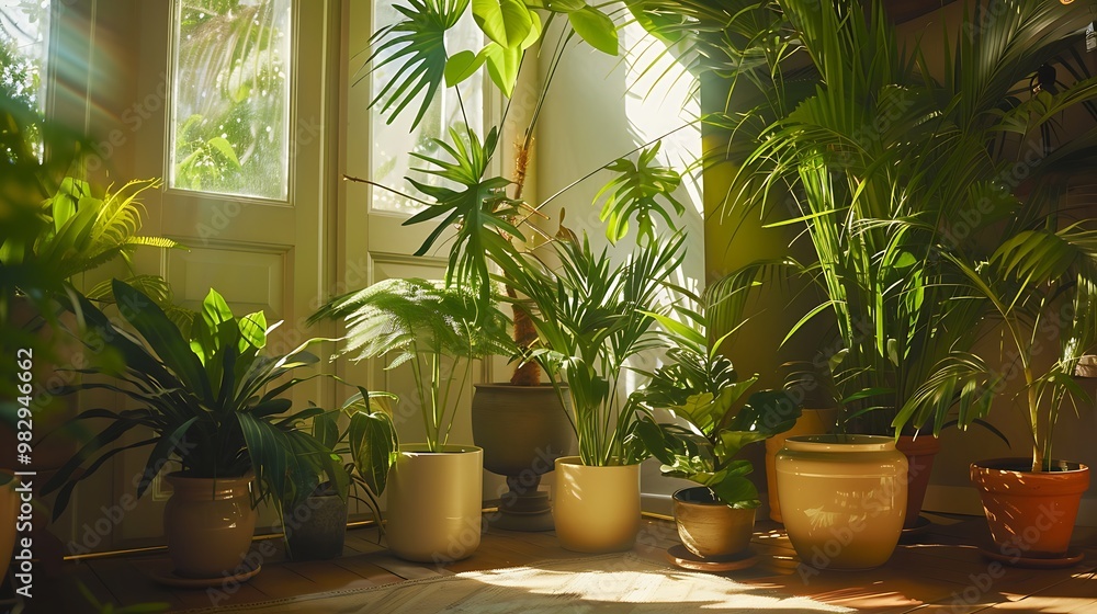Interior of a room featuring a variety of lush green plants in decorative pots, enhancing the space with natural freshness Interior of a room featuring a variety of lush green plants in decorative pots, enhancing the space with natural freshness