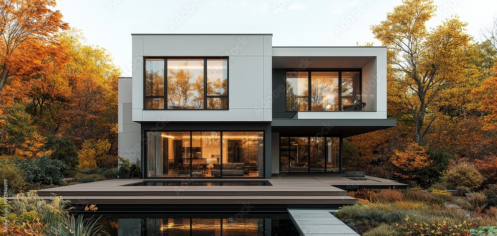 Tranquil Modern Two-Story House in Autumnal Forest Setting, Serene Home Design with Warm Lighting, Ideal for Real Estate Marketing and Interior Design Inspiration Tranquil Modern Two-Story House in Autumnal Forest Setting, Serene Home Design with Warm Lighting, Ideal for Real Estate Marketing and Interior Design Inspiration