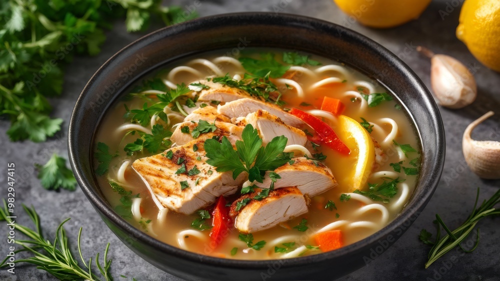 A plate of hearty chicken noodle soup, garnished with fresh herbs and squeezed lemon, to garnish with crackers. A plate of hearty chicken noodle soup, garnished with fresh herbs and squeezed lemon, to garnish with crackers.