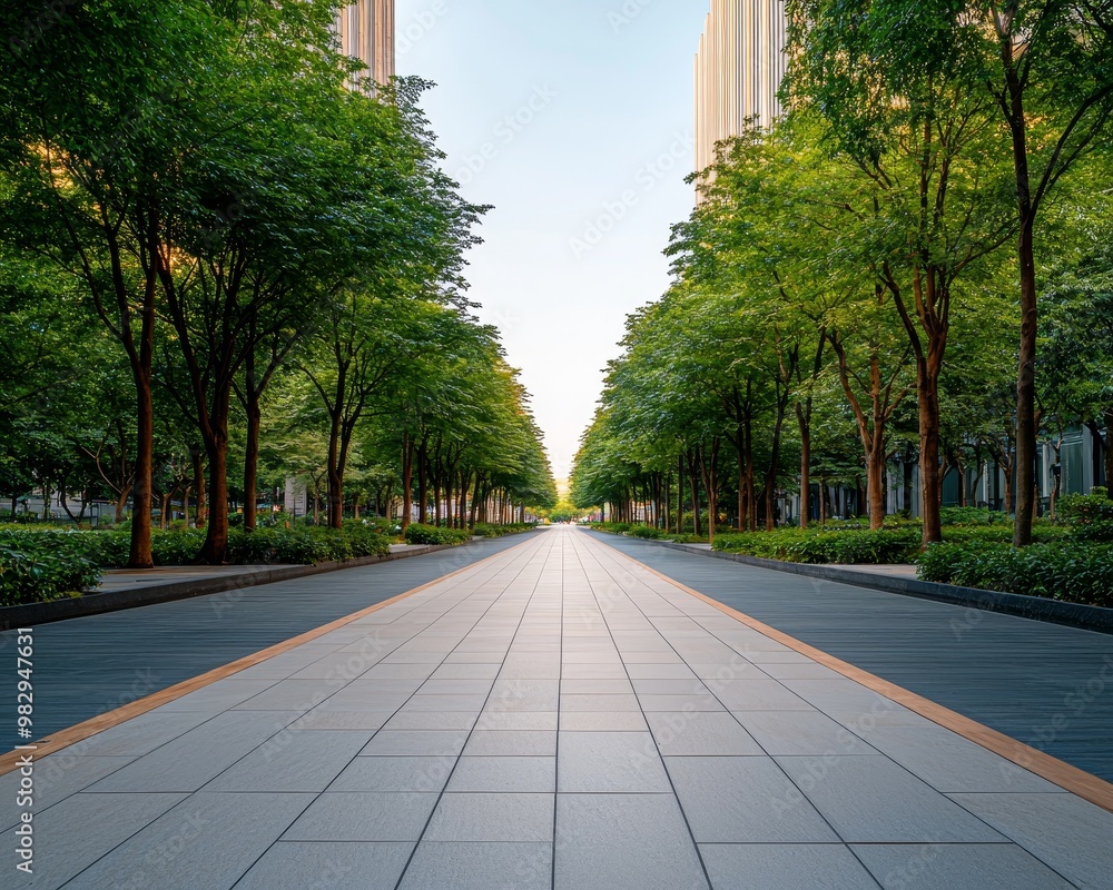 Tranquil Urban Oasis Serene Symmetrical Pathway Lined with Trees and Modern Architecture, Daytime Scene with Greenery and Geometric Buildings. Ideal for Architectural, Urban Planning, and Travel Tranquil Urban Oasis Serene Symmetrical Pathway Lined with Trees and Modern Architecture, Daytime Scene with Greenery and Geometric Buildings. Ideal for Architectural, Urban Planning, and Travel