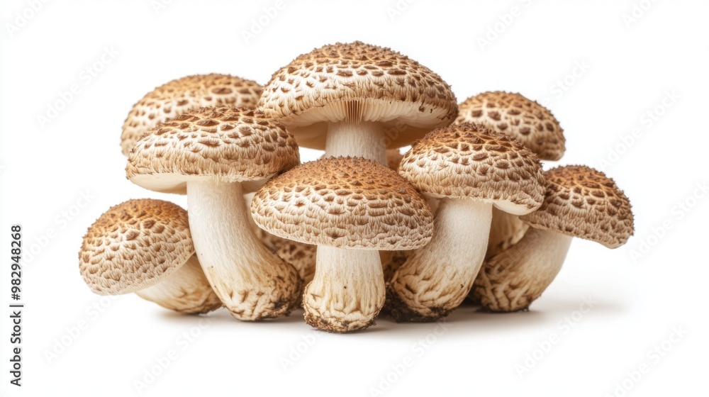 A neat cluster of shiitake mushrooms standing upright on a white background, with their unique caps creating an interesting visual contrast. A neat cluster of shiitake mushrooms standing upright on a white background, with their unique caps creating an interesting visual contrast.
