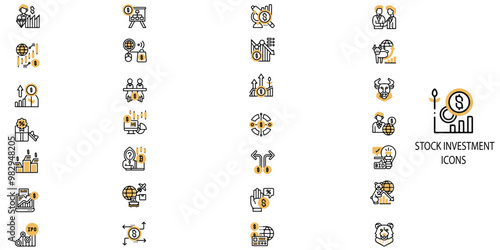 Stock investment simple concept 28 colour icons set. Contains such stocks, stock exchange, financial goal, shares, investment, bull market, bear market and investment .Vector illustration.