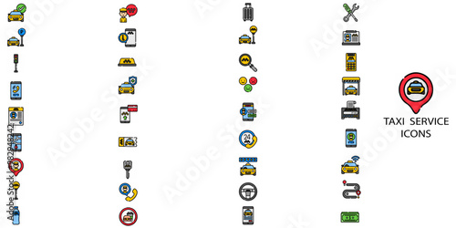 Taxi service simple concept 36 colour icons set. Contains such transport, driver, passenger on travel, people and city traffic.Vector illustration.