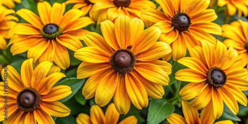 Yellow Rudbeckia Flowers Blooming Vibrantly on a Flowerbed in Top View Perspective