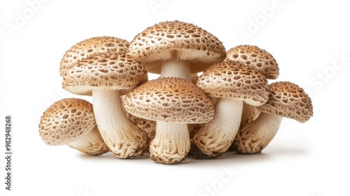 A neat cluster of shiitake mushrooms standing upright on a white background, with their unique caps creating an interesting visual contrast.