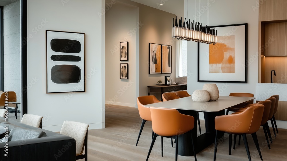 Contemporary dining room with a large rectangular table, surrounded by orange chairs and modern minimalist artwork on the walls, featuring a sleek light fixture and cozy decor accents. Contemporary dining room with a large rectangular table, surrounded by orange chairs and modern minimalist artwork on the walls, featuring a sleek light fixture and cozy decor accents.