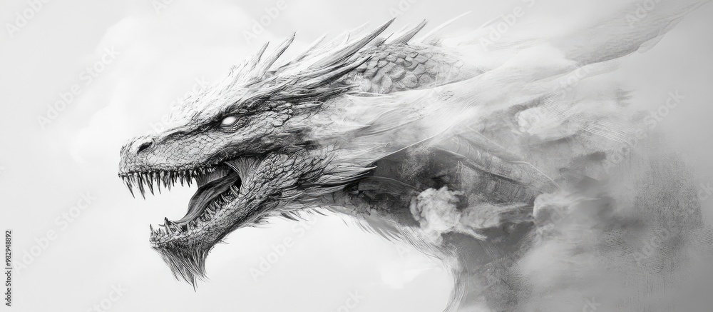 Surrealistic artwork depicting a dragon s head rendered in monochrome tones of black and white Surrealistic artwork depicting a dragon s head rendered in monochrome tones of black and white
