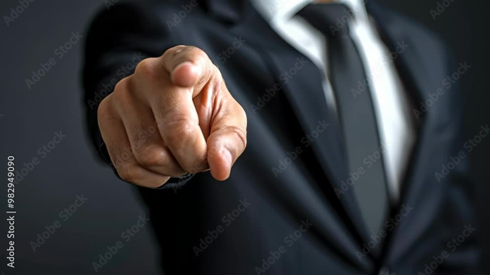 Business professional in formal suit points directly at the camera during important meeting in a corporate setting Business professional in formal suit points directly at the camera during important meeting in a corporate setting