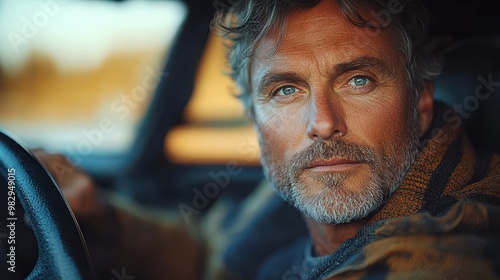 Close up Portrait of Mature Man with Graying Hair and Beard Driving Car