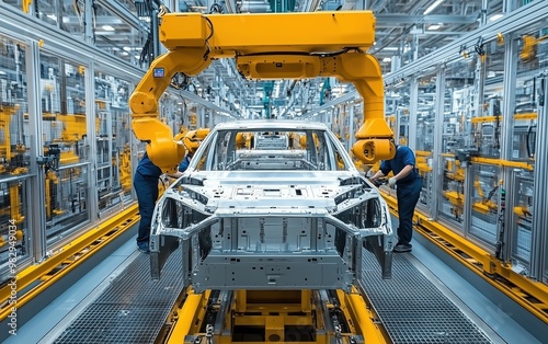 Human technicians operating advanced robotics in the assembly of unassembled SUV bodies photo