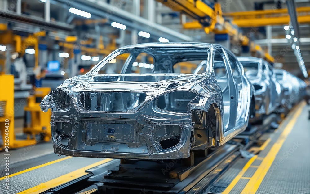 A sophisticated crossover assembly line featuring automated quality control stations for unassembled bodies A sophisticated crossover assembly line featuring automated quality control stations for unassembled bodies