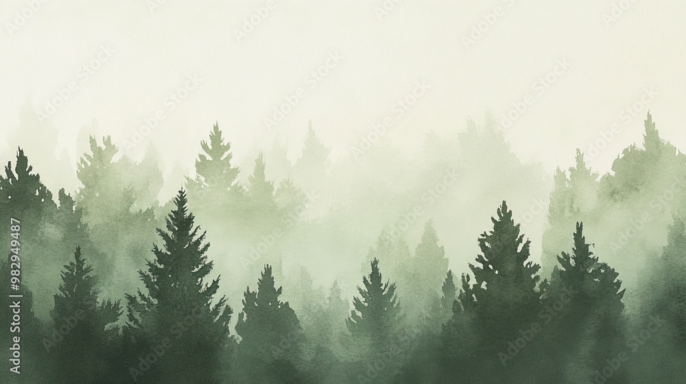 Fototapeta premium Serene forest landscape embraced by soft mist, showcasing rich green foliage and towering trees in a tranquil nature setting.