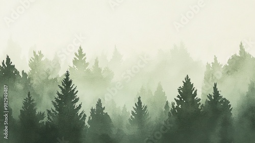 Serene forest landscape embraced by soft mist, showcasing rich green foliage and towering trees in a tranquil nature setting.