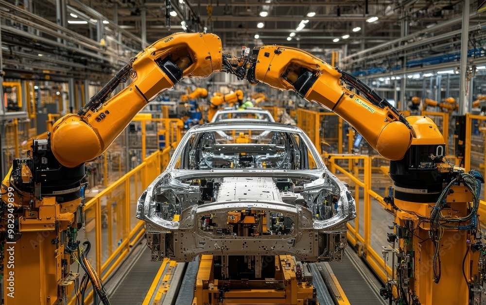 Innovative robotic systems performing intricate tasks in the assembly of unassembled sedan bodies, showcasing engineering excellence Innovative robotic systems performing intricate tasks in the assembly of unassembled sedan bodies, showcasing engineering excellence