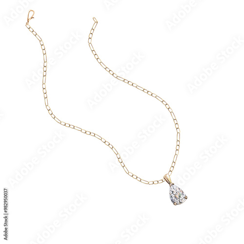 Gold chain with diamond pendant in realistic watercolor style. Isolated jewelry illustration for website design, fashion magazines, presentations, jewelry design courses