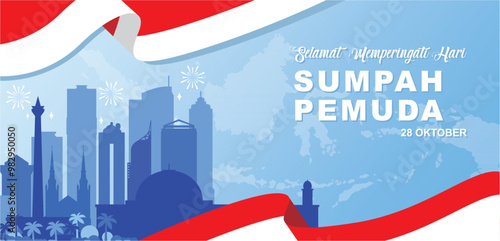 Indonesian Youth Pledge Day illustration background design. Vector of Indonesian Youth Pledge Day 28 October with designs of Indonesian buildings and maps suitable for news and banners etc.