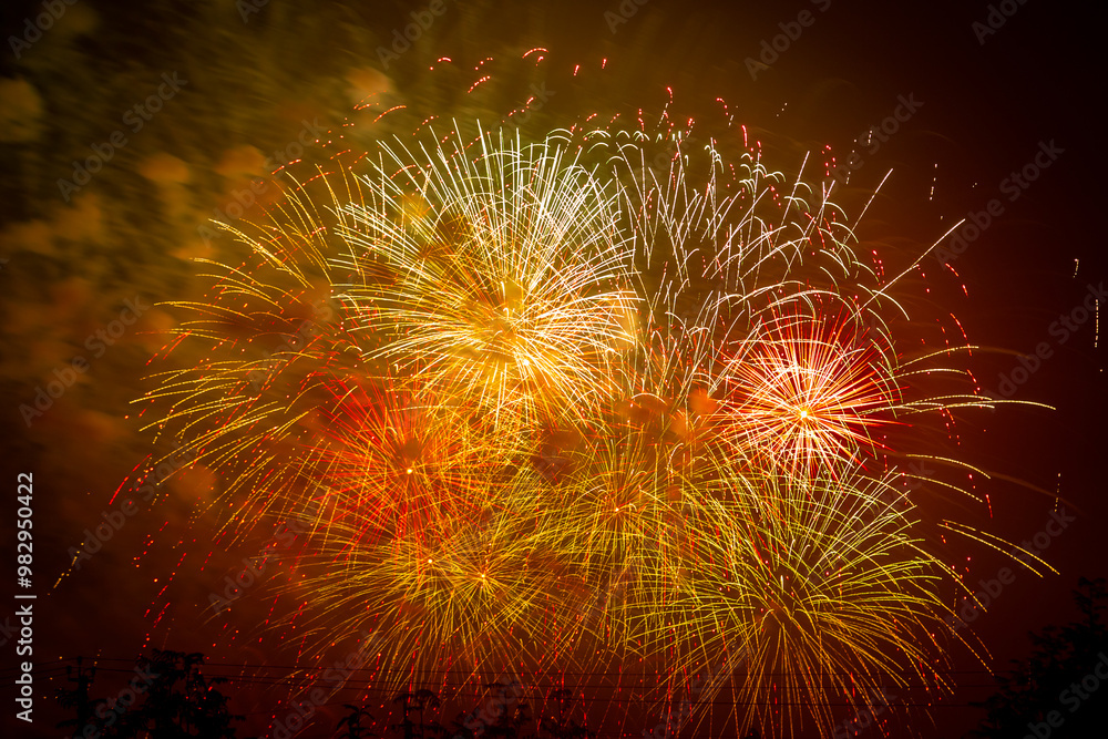 Obraz premium Red orange bright sparks of fireworks on the black sky