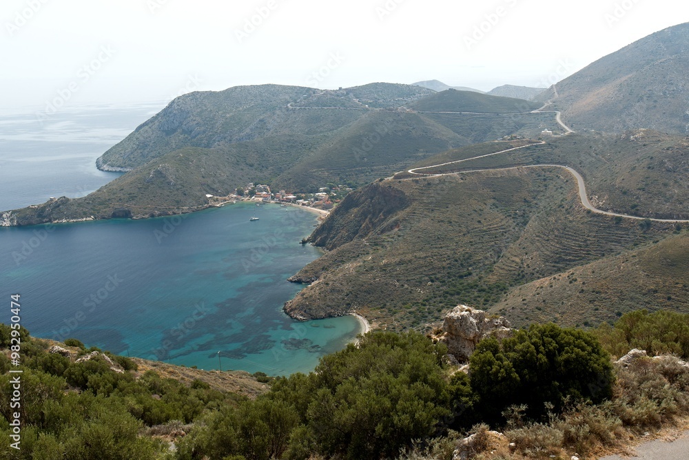 Fototapeta premium View of Porto Kagio village and the Ionian sea on the Mani peninsula. Laconia, Peloponnese. Greece.