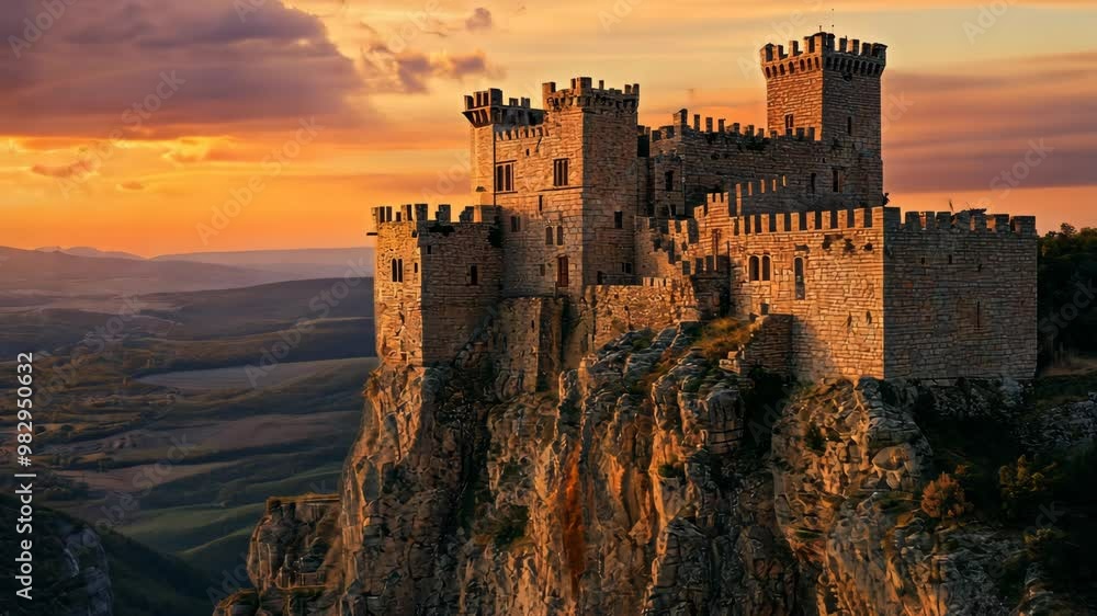 Stunning sunset over a majestic medieval castle perched on a rocky cliff in the Spanish countryside Stunning sunset over a majestic medieval castle perched on a rocky cliff in the Spanish countryside