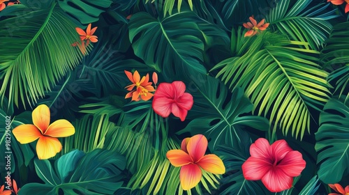 Tropical palm leaves in a seamless stylish floral pattern with a Hawaiian theme