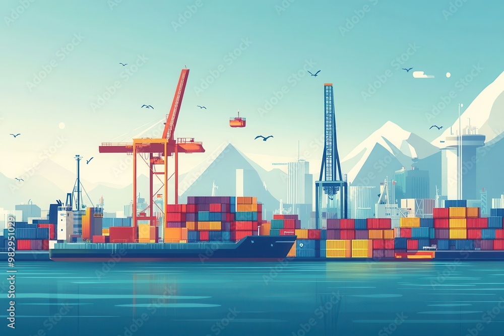Cargo Ship at Harbor with Crane and Container Stacks Cargo Ship at Harbor with Crane and Container Stacks