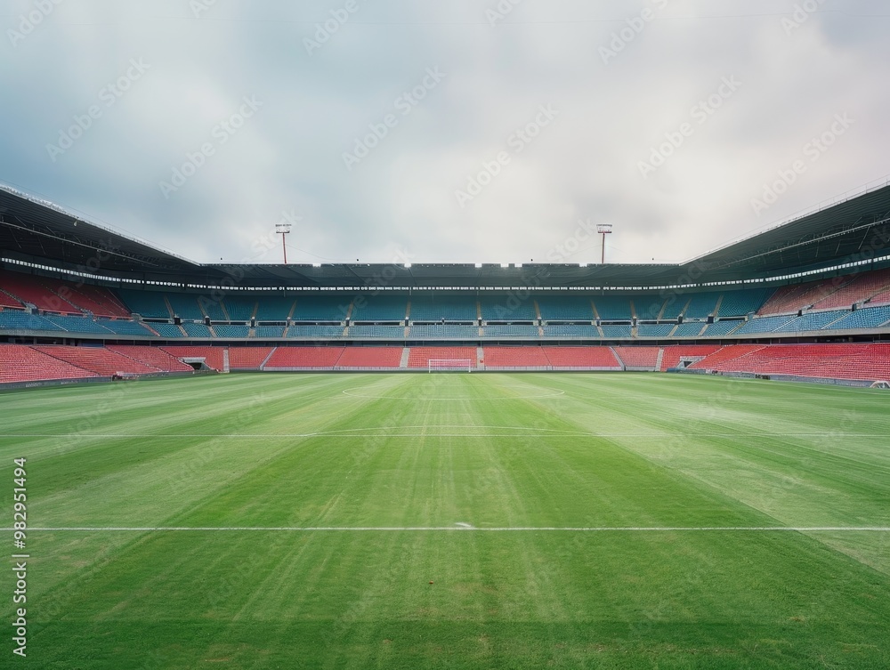 Obraz premium Awaiting the Game Empty Stadium with Green Field, Soccer Field, Stadium, Sport, Football, Field, Pitch