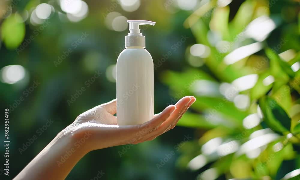 woman with bottle of shampoo in nature