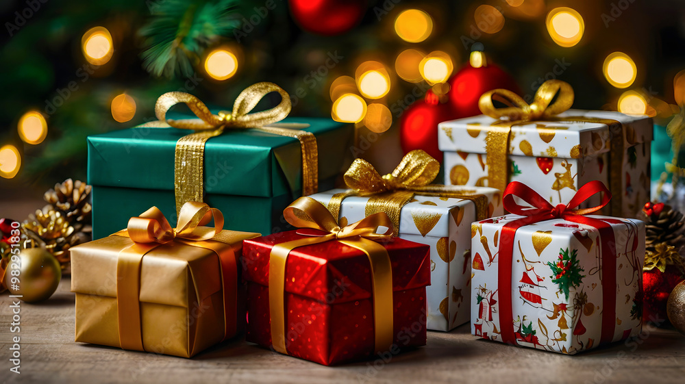 Gift boxes tied with ribbon stand under a fir tree on Christmas Eve. Gift boxes tied with ribbon stand under a fir tree on Christmas Eve.