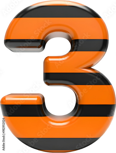 Glossy 3D Number 3 with Orange and Black Stripes