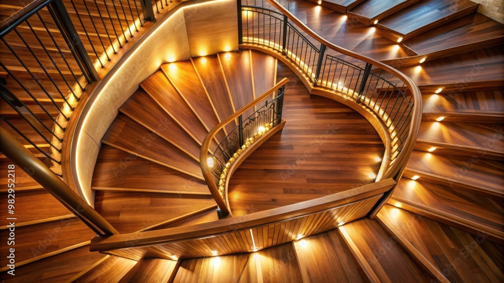 Fototapeta premium Elegant top view of glowing wooden staircase with warm lighting for home decor, interior design, architecture background