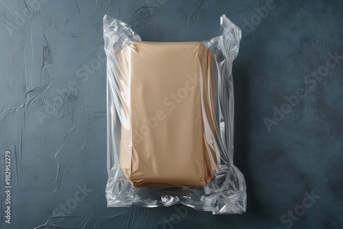 Isolated Plastic Wrap Packaging on Textured Background photo