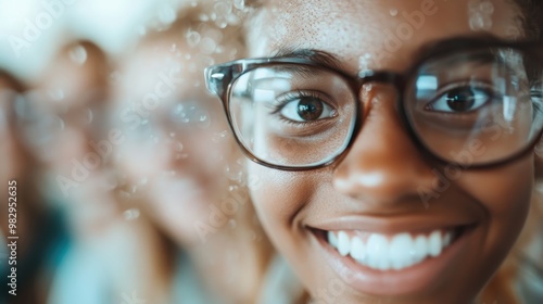 This abstract photograph features a partially blurred foreground with clear focus on eyeglasses, creating a sense of mystery and exploring the theme of partial visibility.