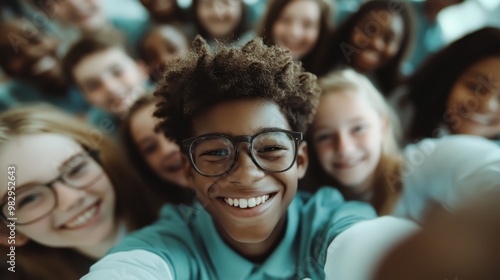 A boy with curly hair smiles widely as he takes a group selfie surrounded by friends, displaying a moment of lighthearted joy and friendship in a cozy setting.