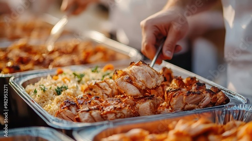 A buffet spread featuring a variety of grilled meats paired with rice, presenting an inviting and delectable selection of dishes prepared for a large gathering or banquet-style meal. photo