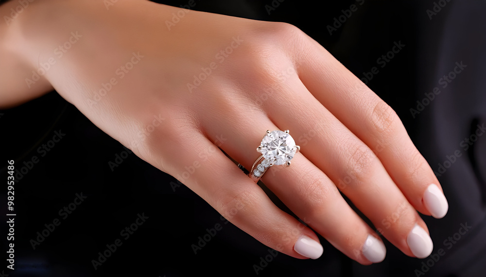 Finger wearing a luxury baguette and solitaire diamond band engagement ring Finger wearing a luxury baguette and solitaire diamond band engagement ring