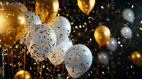 Elegant Gold and White Balloons with Confetti Celebration