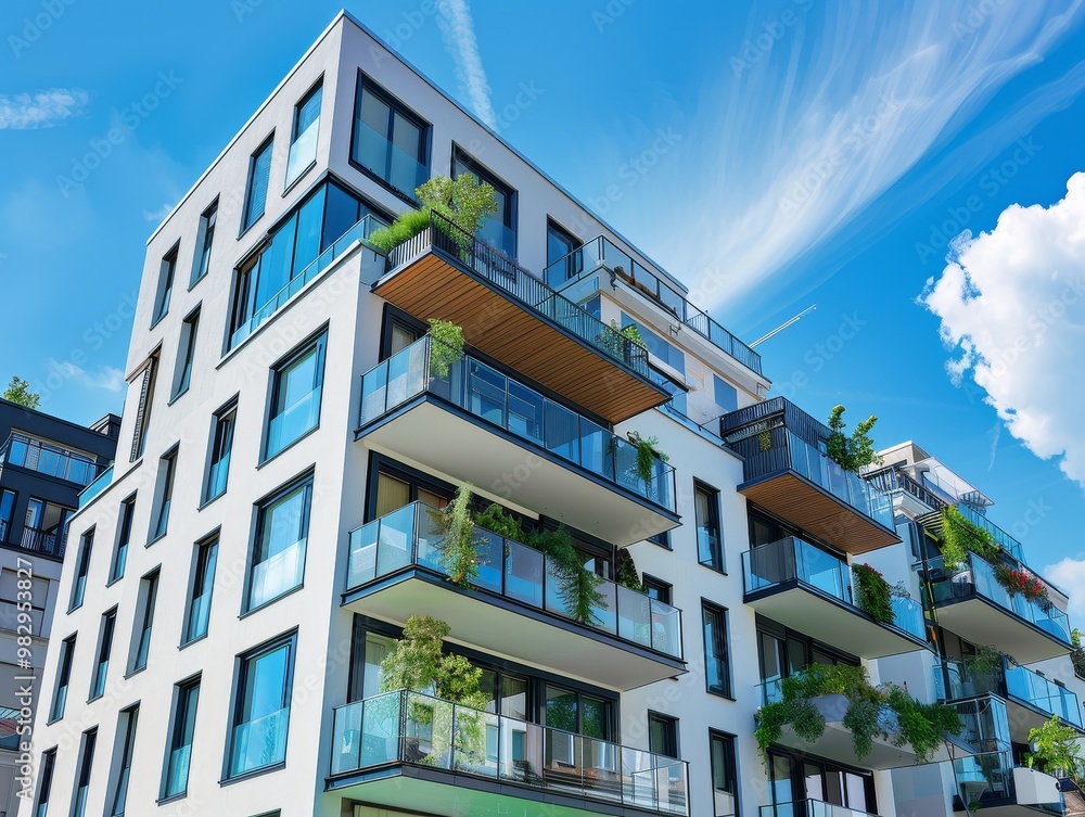 Obraz premium Modern Apartment Building with Balconies and Greenery, Architecture, Exterior, Modern Design, Urban Living