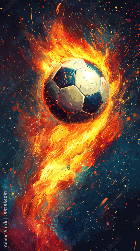 Naklejka premium soccer ball is on fire flying in space digital art style illustration painting