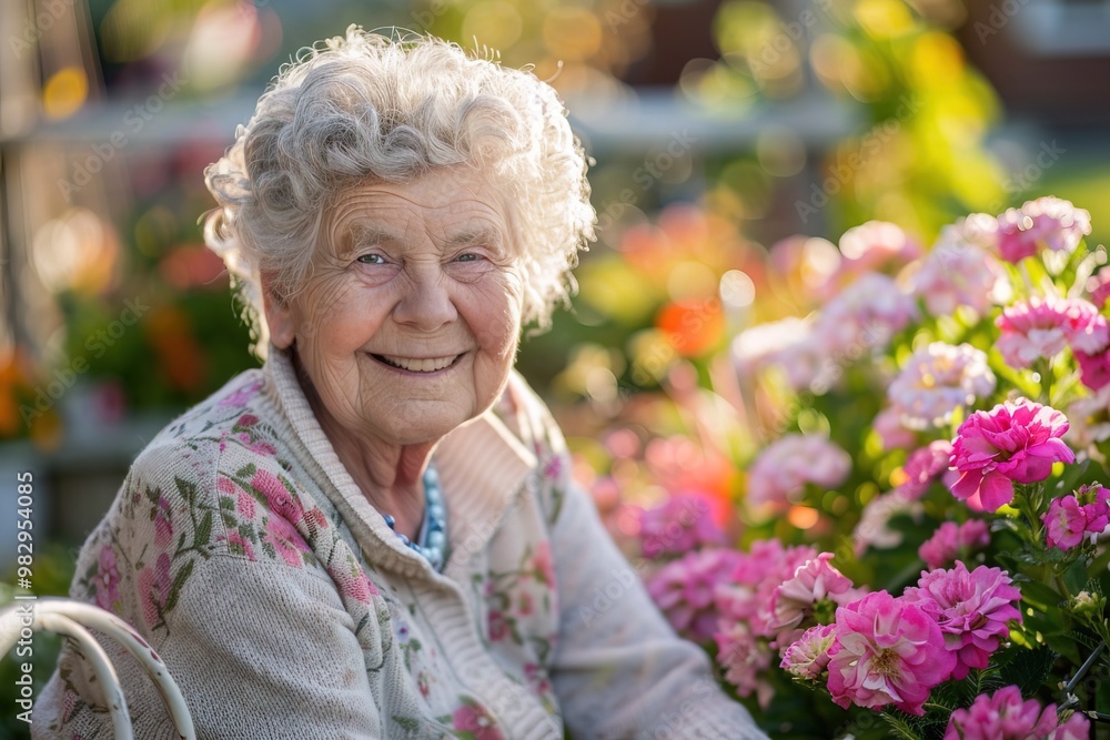 portrait of happy smiling elderly woman with curly gray hair surrounded by flowers in park portrait of happy smiling elderly woman with curly gray hair surrounded by flowers in park
