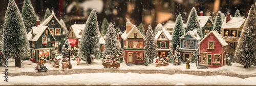 A charming winter village scene featuring snow covered houses, pine trees, and festive decorations. quaint architecture and holiday spirit evoke sense of nostalgia and joy