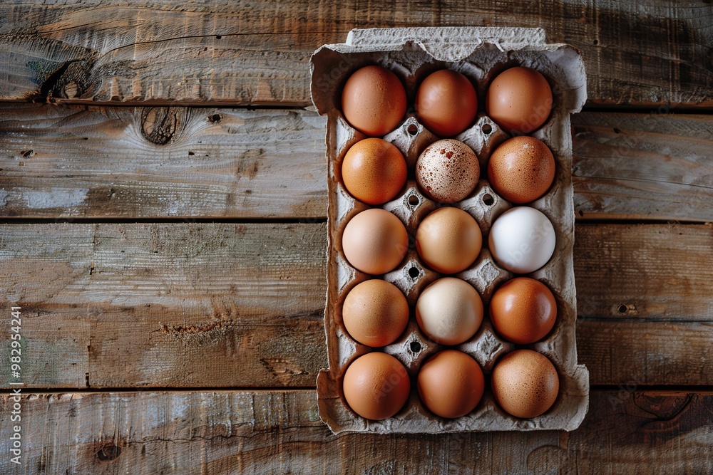 top view brown chicken eggs are sitting in a carton on wooden rustic background top view brown chicken eggs are sitting in a carton on wooden rustic background