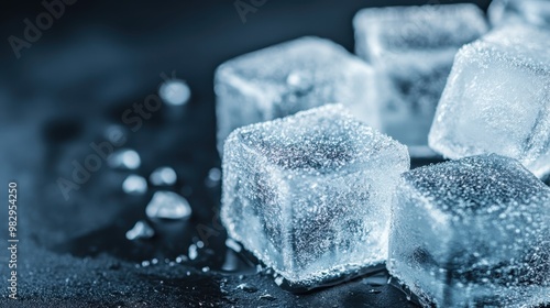 A close-up view of neatly placed transparent ice cubes beginning to melt, highlighting their clarity, shimmer, and intricate textures as they glisten on a dark surface. photo