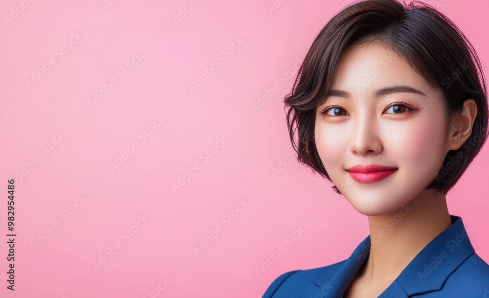 young Japanese woman in business attire stands with confidence against a pastel pink background, her posture and expression emphasizing a balance of professionalism. young Japanese woman in business attire stands with confidence against a pastel pink background, her posture and expression emphasizing a balance of professionalism.
