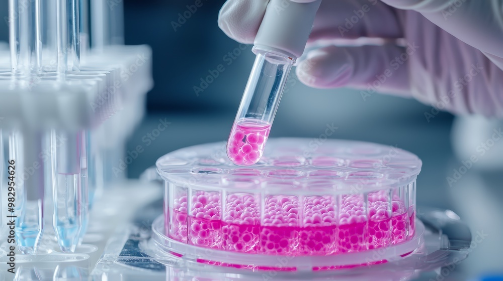 A researcher analyzing a sample of genetically modified cells in a lab, developing cutting-edge medicines for personalized treatment plans based on patients' DNA. A researcher analyzing a sample of genetically modified cells in a lab, developing cutting-edge medicines for personalized treatment plans based on patients' DNA.