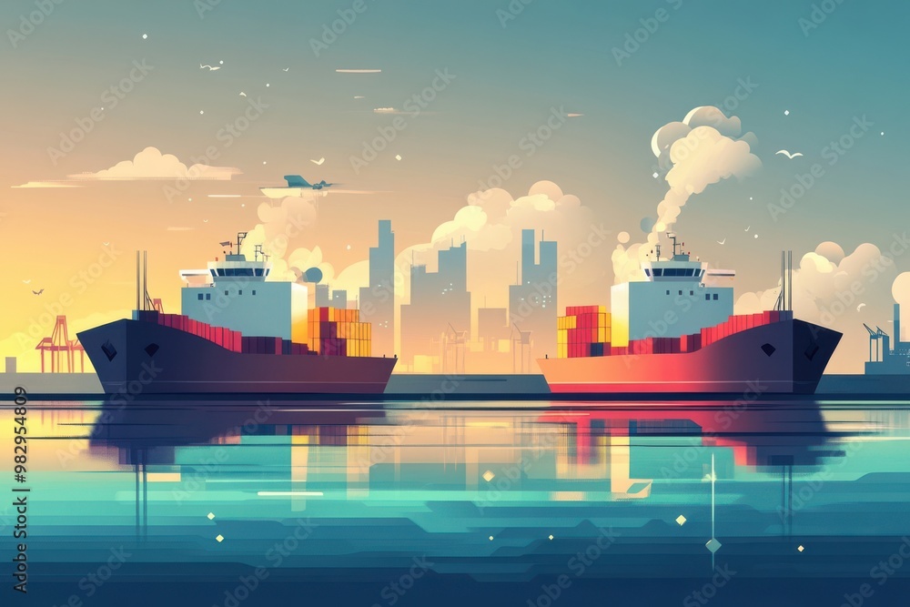 Cargo Ships at Sunset with City Skyline Cargo Ships at Sunset with City Skyline