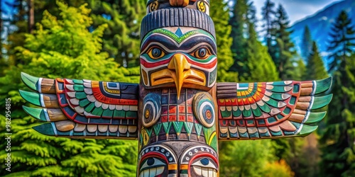 Colorful Native American Totem Pole Carving Detail in Thunderbird Park British Columbia Canada photo