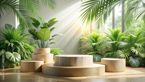 Natural Wood Podium Display with Tropical Plants and Sunlight for Spa and Beauty Product Showcase