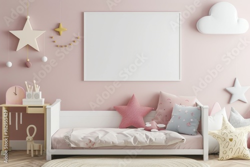 Cozy Child's Bedroom with Blank Frame and Soft Toys in Pastel Theme