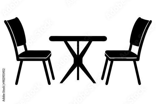 Outdoor romantic table and chairs under parasol with menu, wine bottle and glasses. Summer street cafe terrace silhouette.