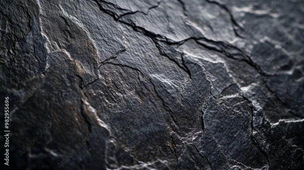 A close-up photo shows the dark, textured surface of a natural slate stone. The stone has subtle swirls and patterns, like marble. A close-up photo shows the dark, textured surface of a natural slate stone. The stone has subtle swirls and patterns, like marble.